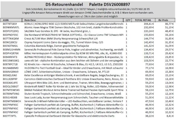 Retouren Palette Sport, Wasser, Outdoor 44 Artikel 3.217,- EUR